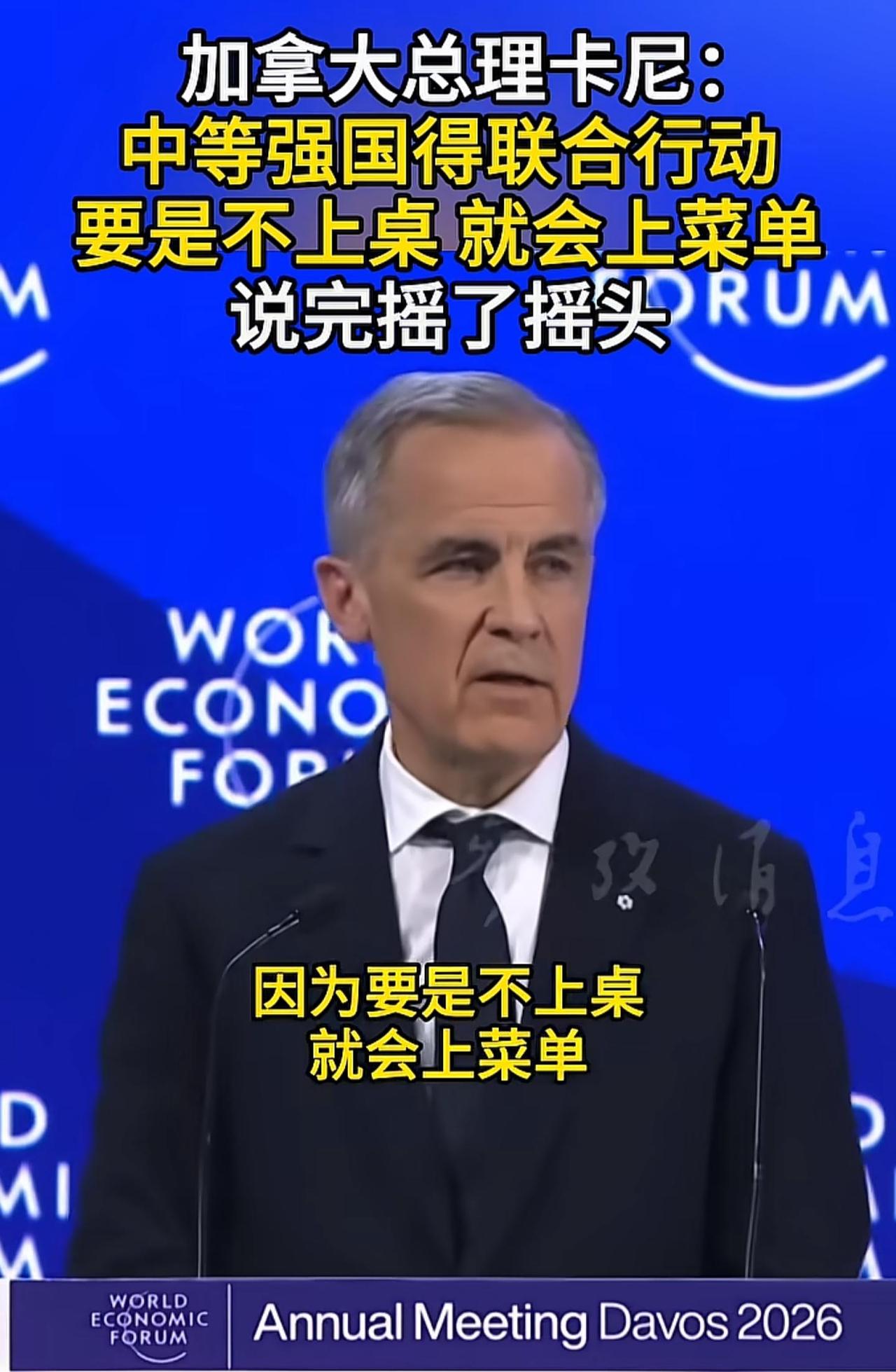 如何看待加拿大总理说：“中等强国得联合行动，要是不上桌就会上菜单”？


---