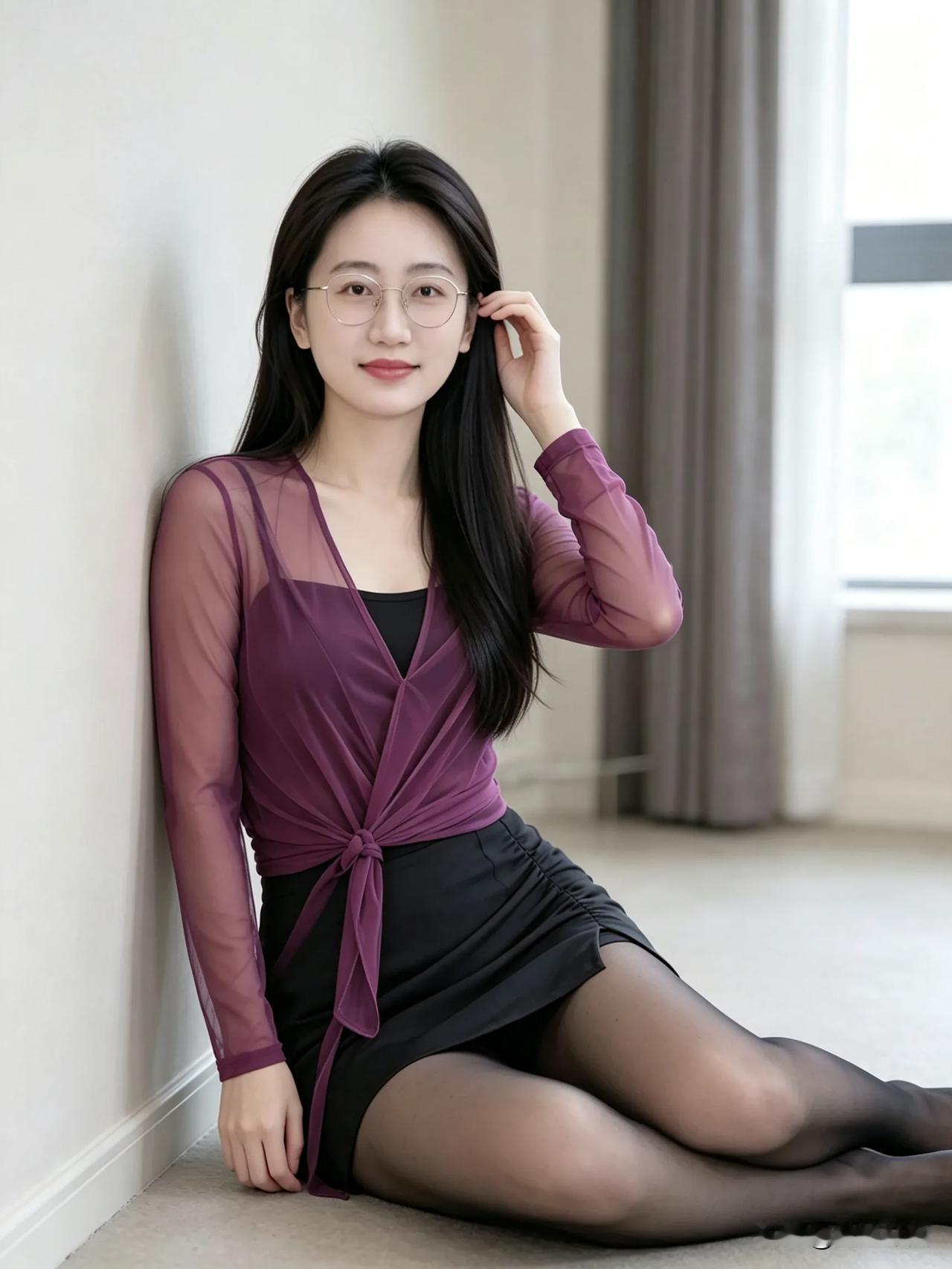 优雅气质，温柔可人，紫色连衣裙搭配黑丝袜，完美展现女性魅力！