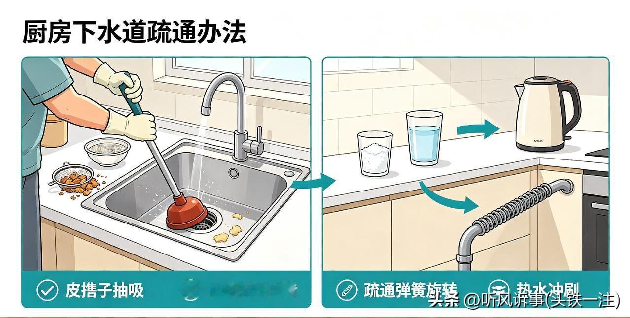 厨房下水道堵塞，可以按由简到难的方式处理。若是油污、饭菜残渣造成的轻微堵塞，先舀