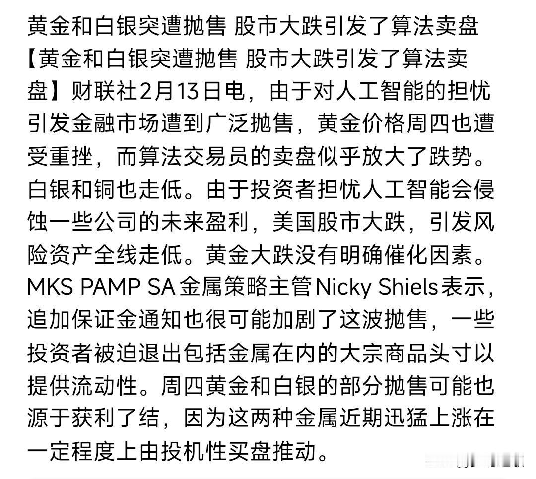 美股，黄金，白银隔夜大跌的原因找到了
美股三大指数暴跌是因为人工智能的担忧盈利能