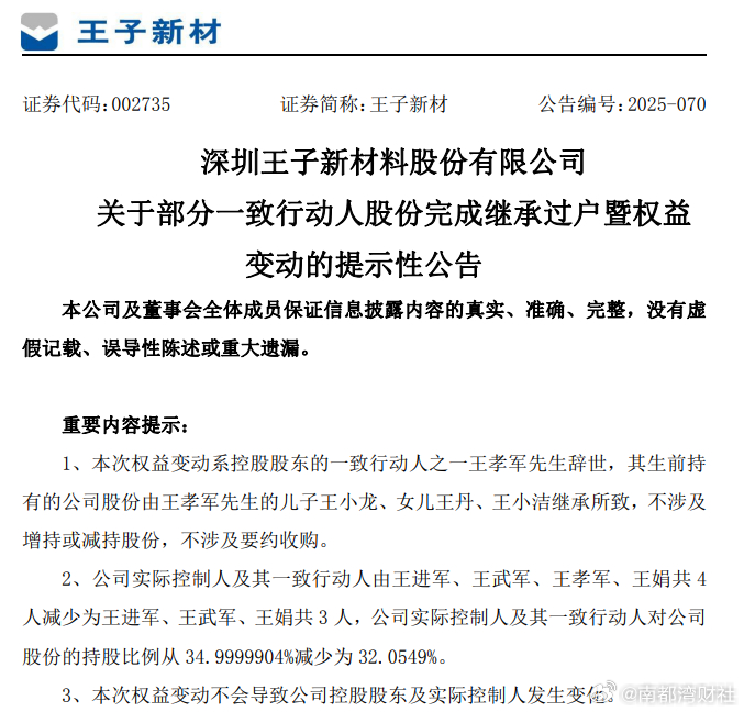 【深圳一上市公司大股东辞世！三子女继承约1.7亿元股份】12月16日，王子新材发