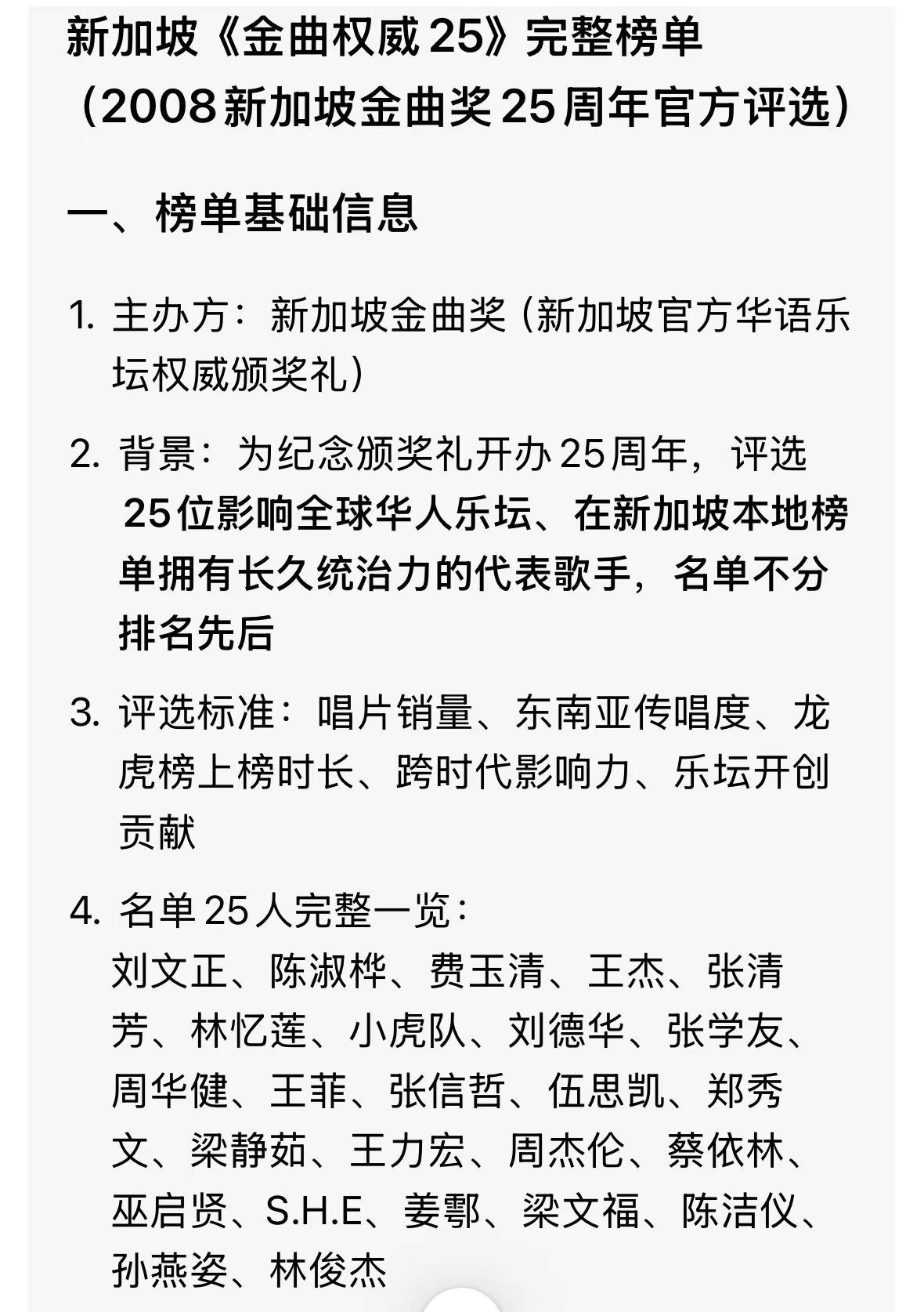 新加坡《金曲权威25》上榜歌手。你最喜欢哪一位?