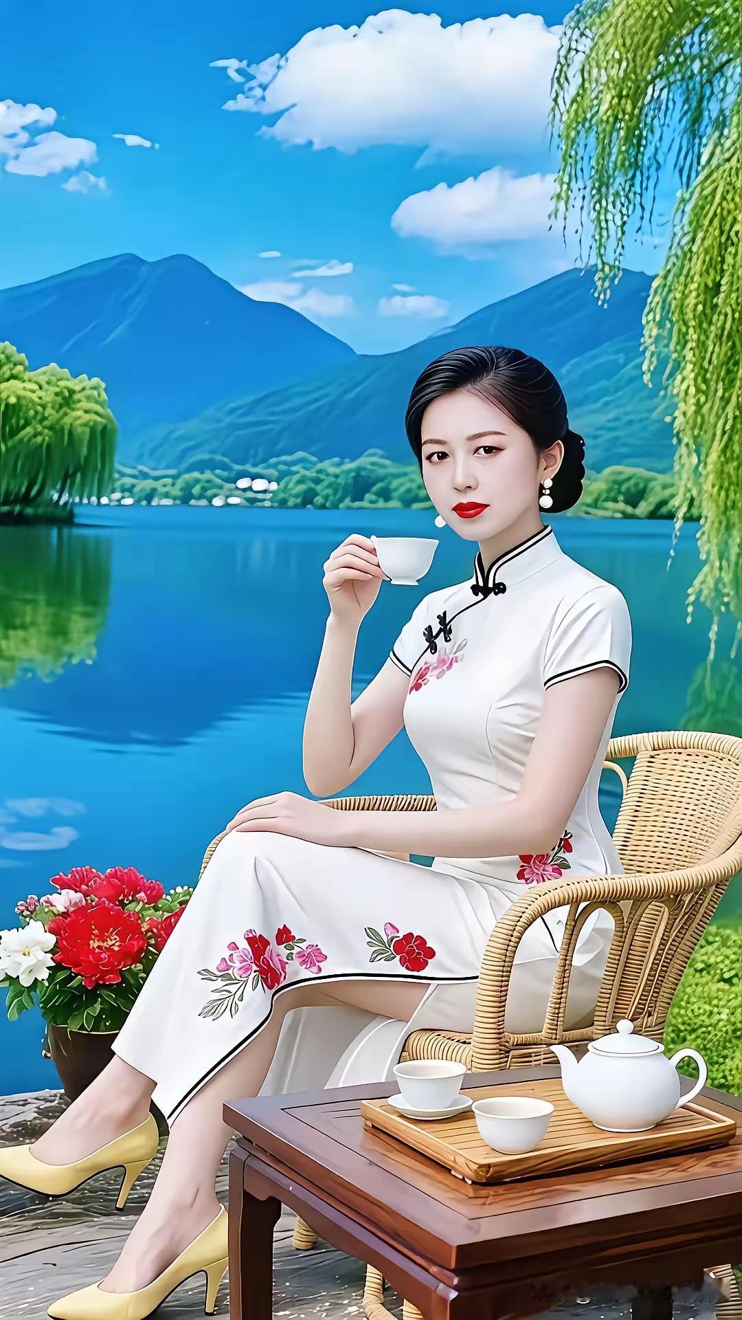 塞鸿秋·湖边茶韵 
湖光潋滟霞晖沐，
佳人闲坐烹香茗。
柔风翠柳相为伴，
白鸥掠