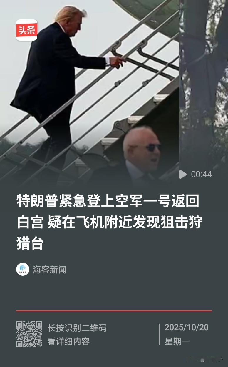 特朗普专机刚刚降落，不远处一棵枝桠茂盛的大树里，伸出一个黑洞洞的枪口，一根手指正