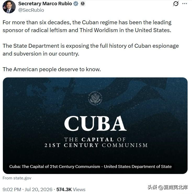 国务卿Marco Rubio发文抨击Cuba。
“六十多年来，Cuba政权一直是