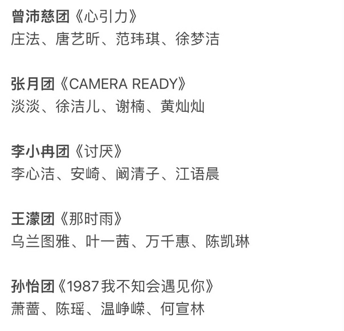 浪姐五公分为团秀和双人合作秀，以及小考前两名团的赛前秀，范玮琪和徐洁儿终于合作了