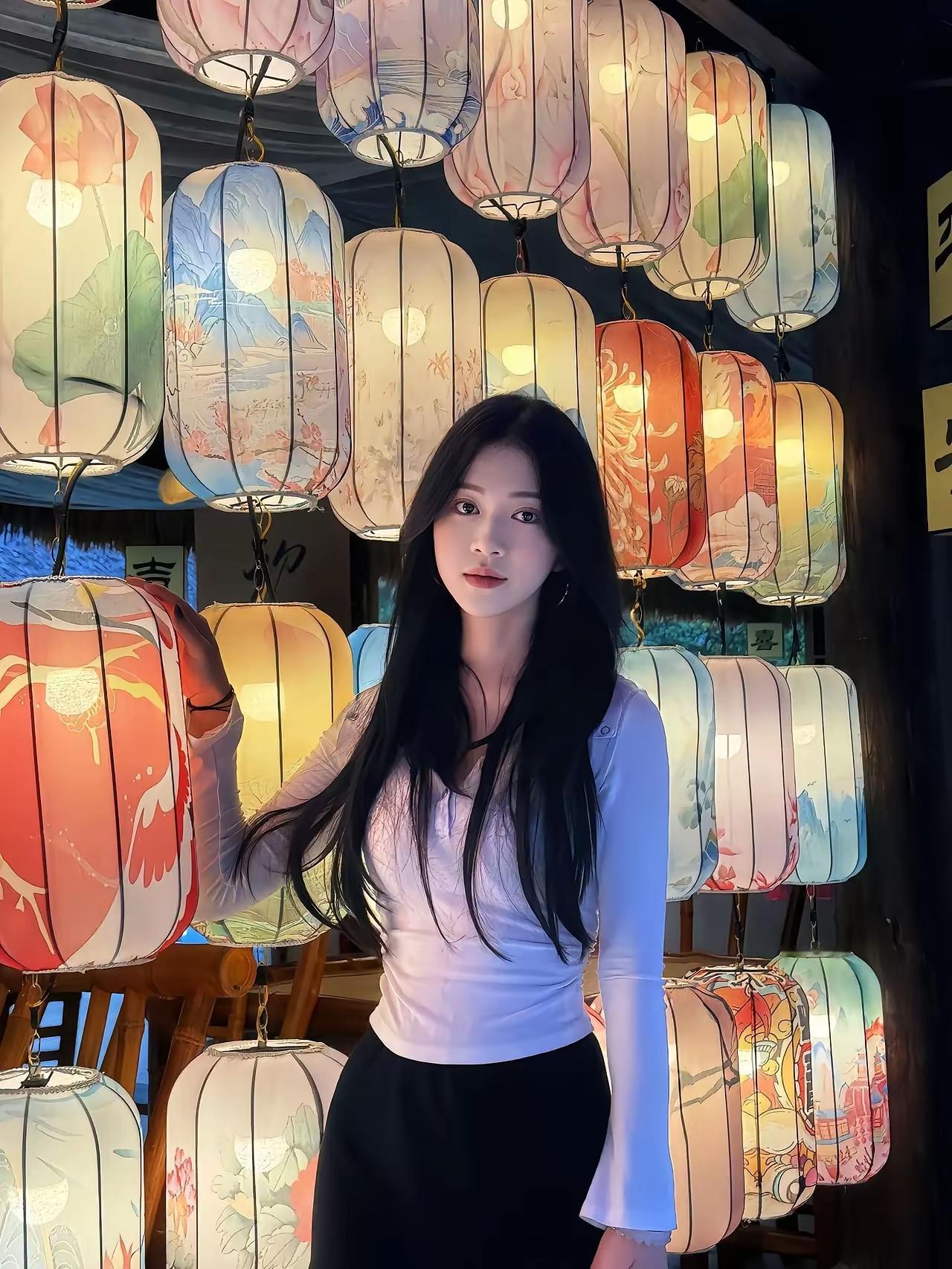 梦幻灯笼下的东方美人，唯美如画