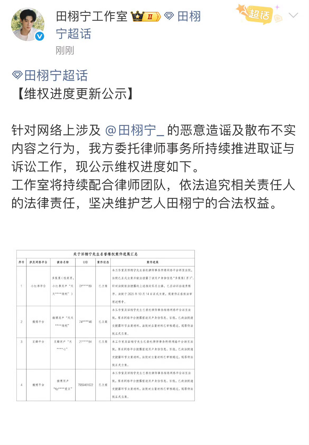 田栩宁工作室公示告黑进度 ​​​
