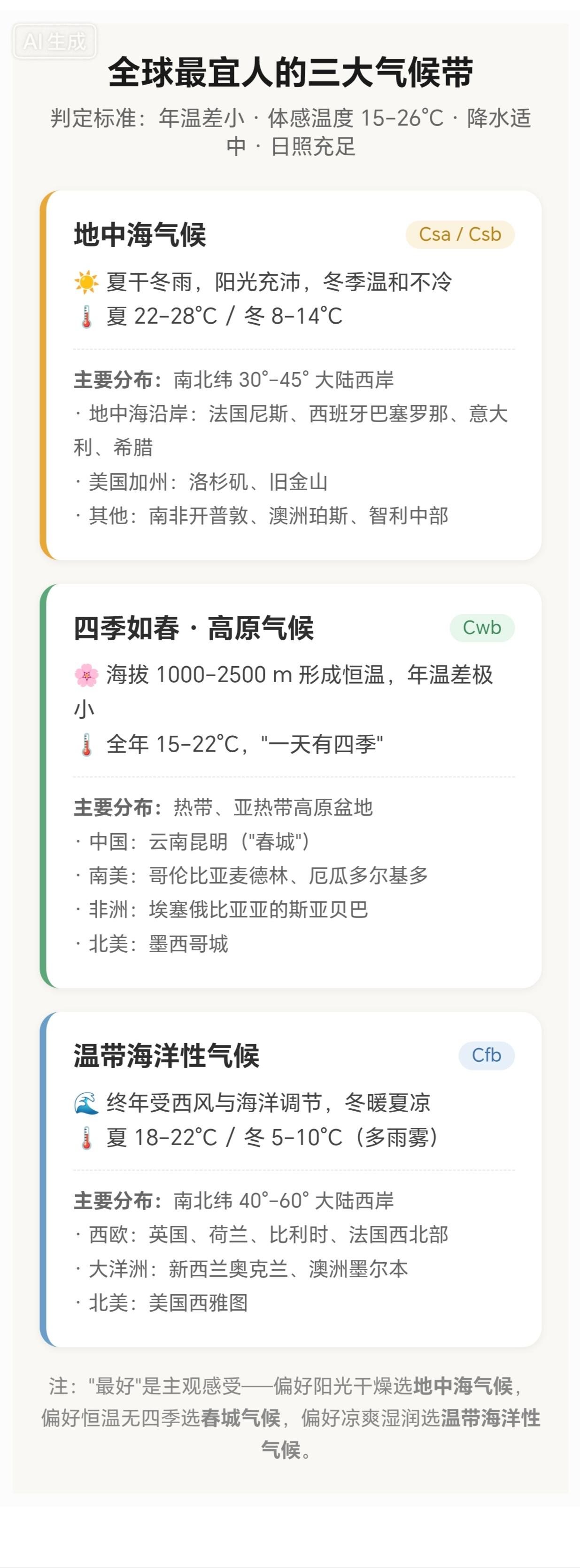 全球公认最舒适宜居的气候主要分为三类：地中海气候、四季温润如春的亚热带高原气候、