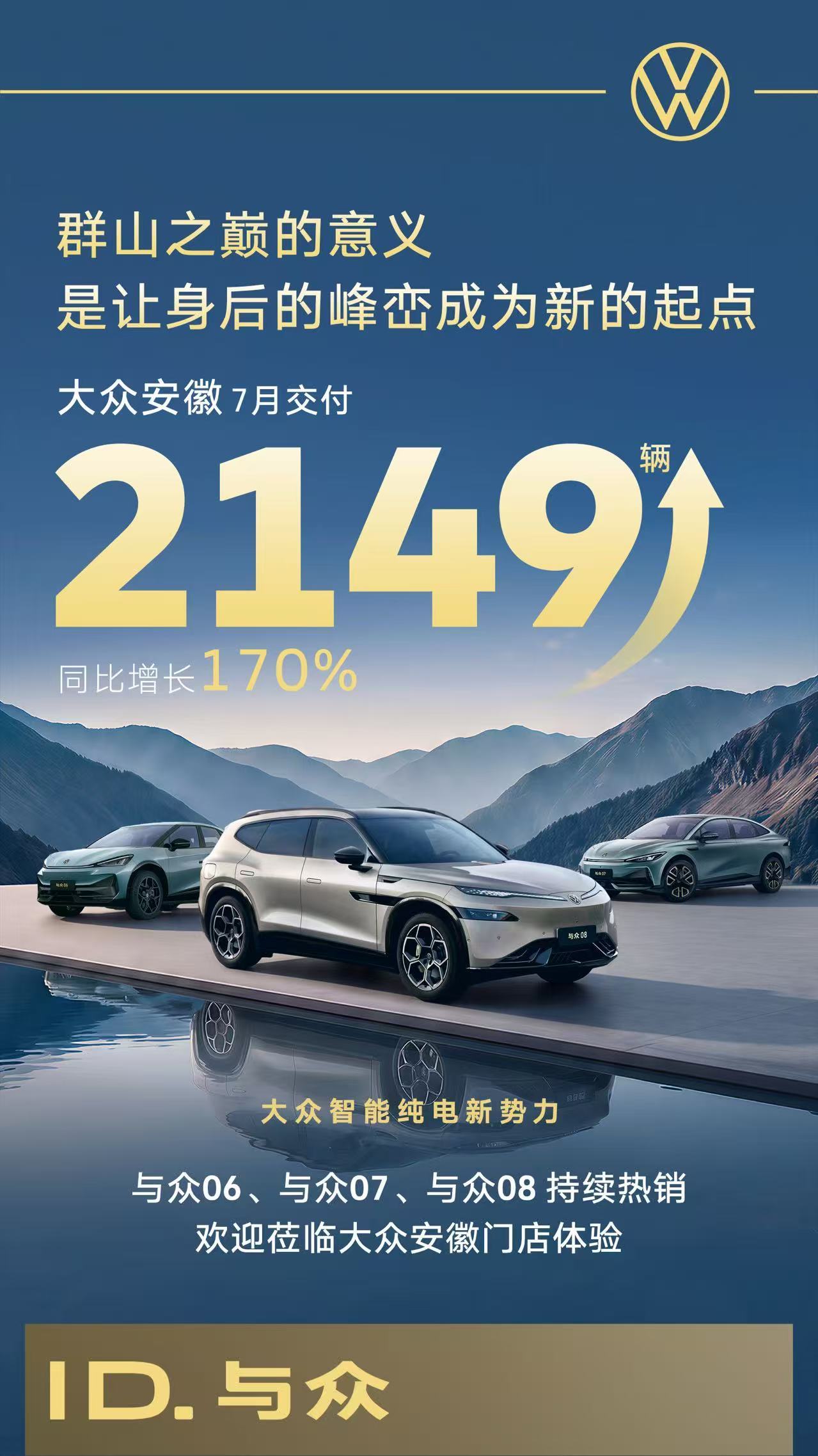 汽车销量快报 大众安徽7月交付2149辆，同比增长170%与众07交付成主力 