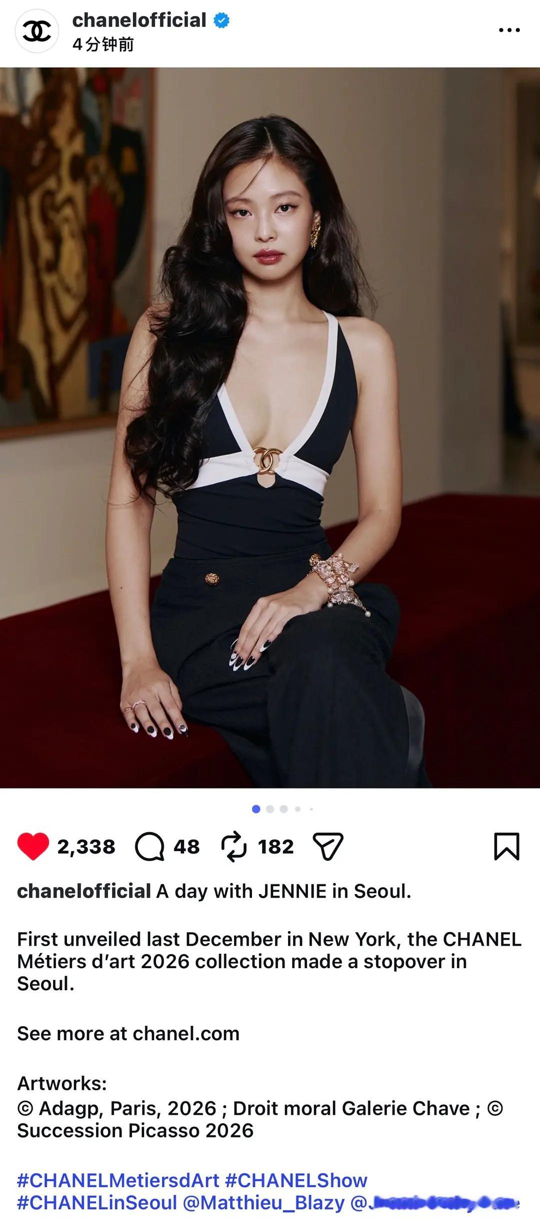 Jennie香奈儿ins秀后单条ig多图首位认领也是目前的唯一认领Jennie舞