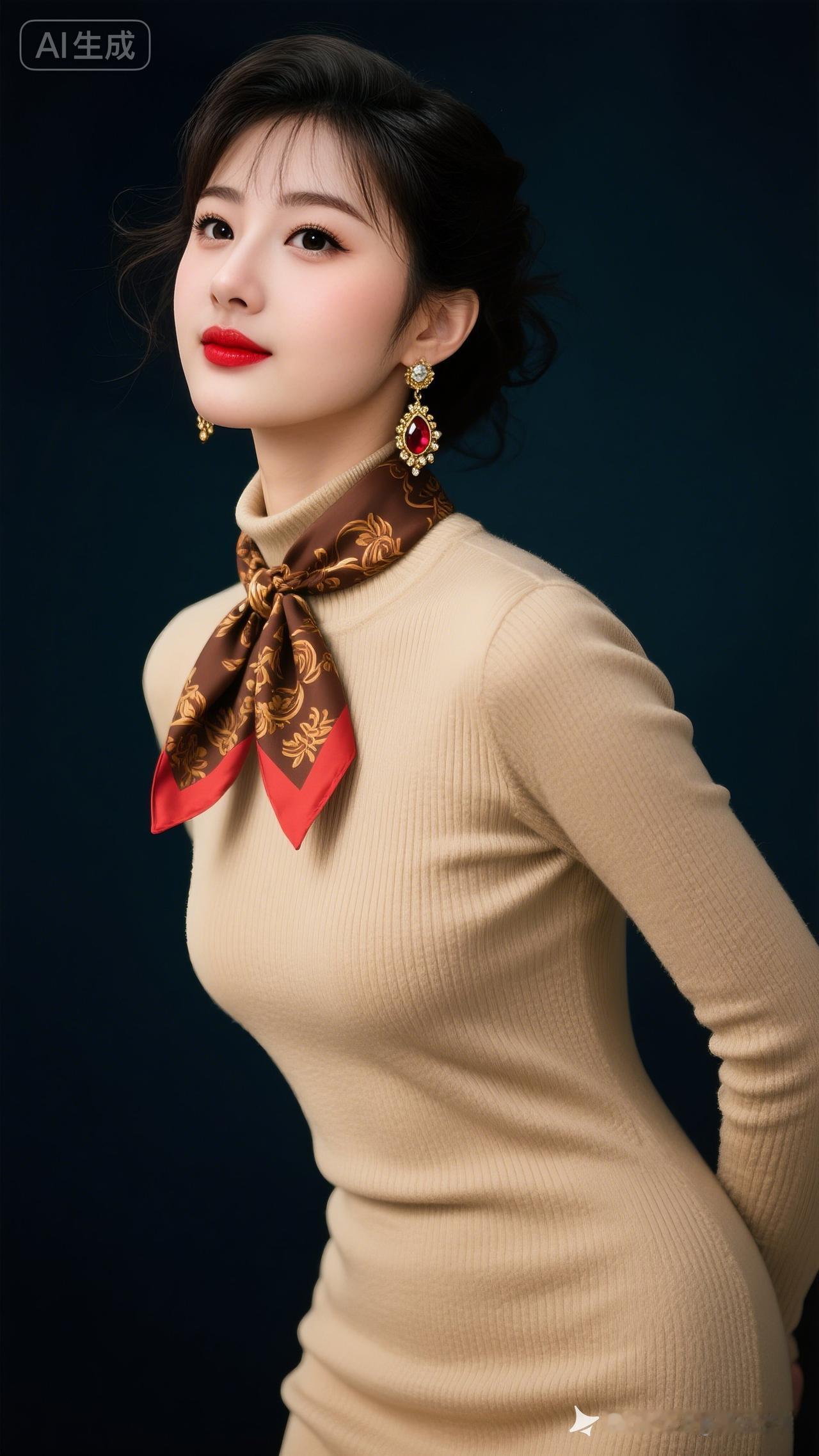 优雅复古风，红唇与金色耳环的完美搭配，尽显迷人魅力。