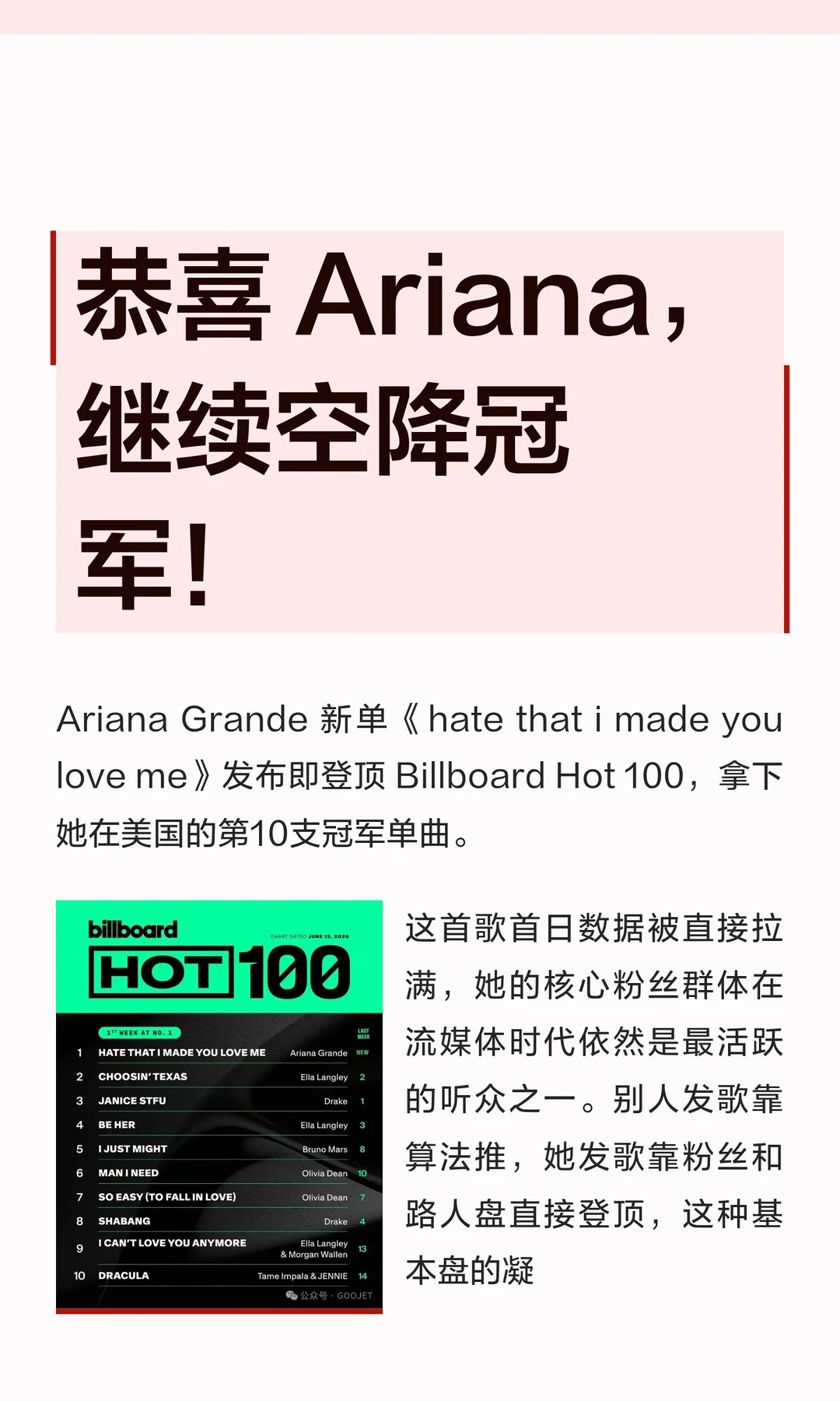 恭喜 Ariana，继续空降冠军！