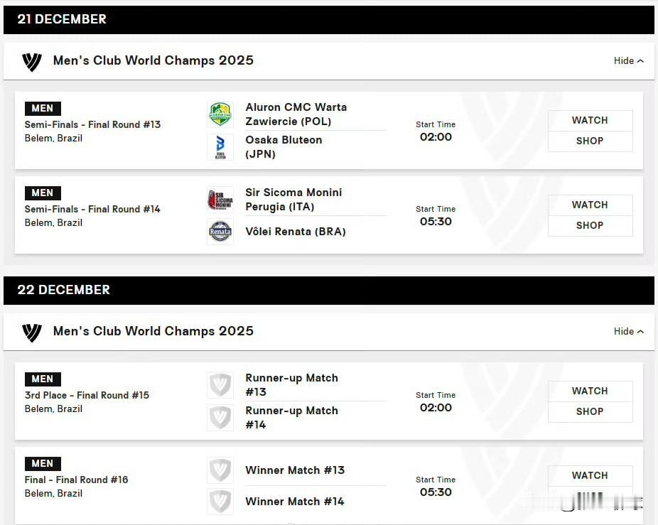 2025男排世俱赛半决赛对阵和赛程（北京时间）：

12月21日（星期日）
02