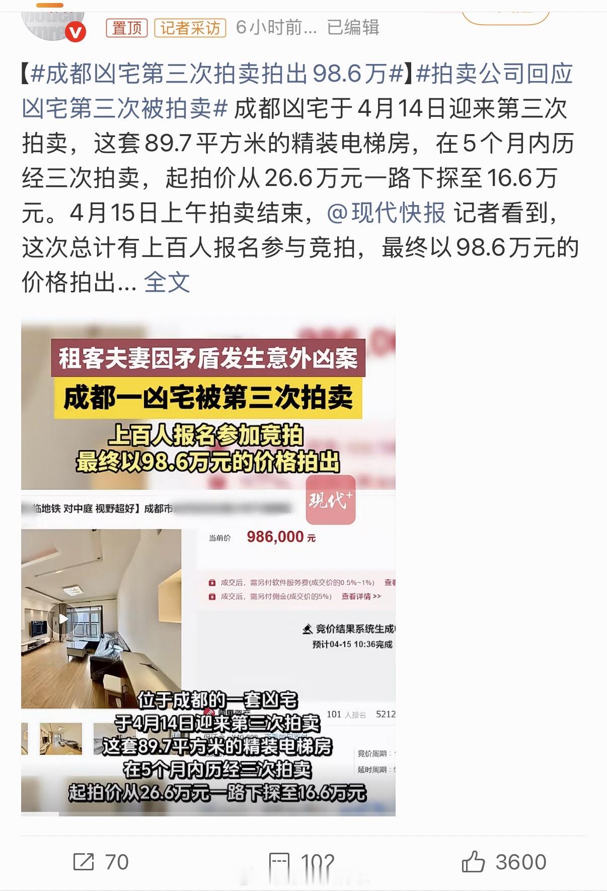 成都凶宅第三次拍卖拍出98.6万我还是害怕😟你住进去满脑子都是凶宅，晚上躺床上