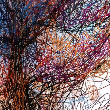 画面中，橙红、棕褐与钴蓝交织的树木分列在蜿蜒的土路两侧，色彩浓烈又富有层次，像把