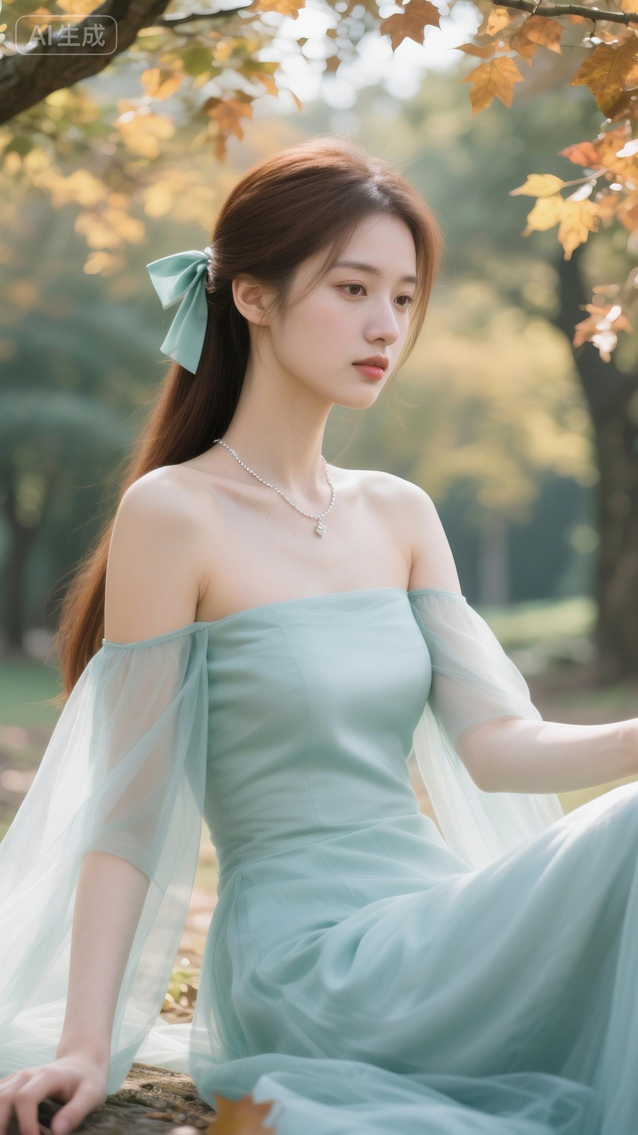 秋雾漫过木栈道时，她正裹着米白针织开衫，纱裙摆扫过带露的草叶。发间青丝带随步轻晃