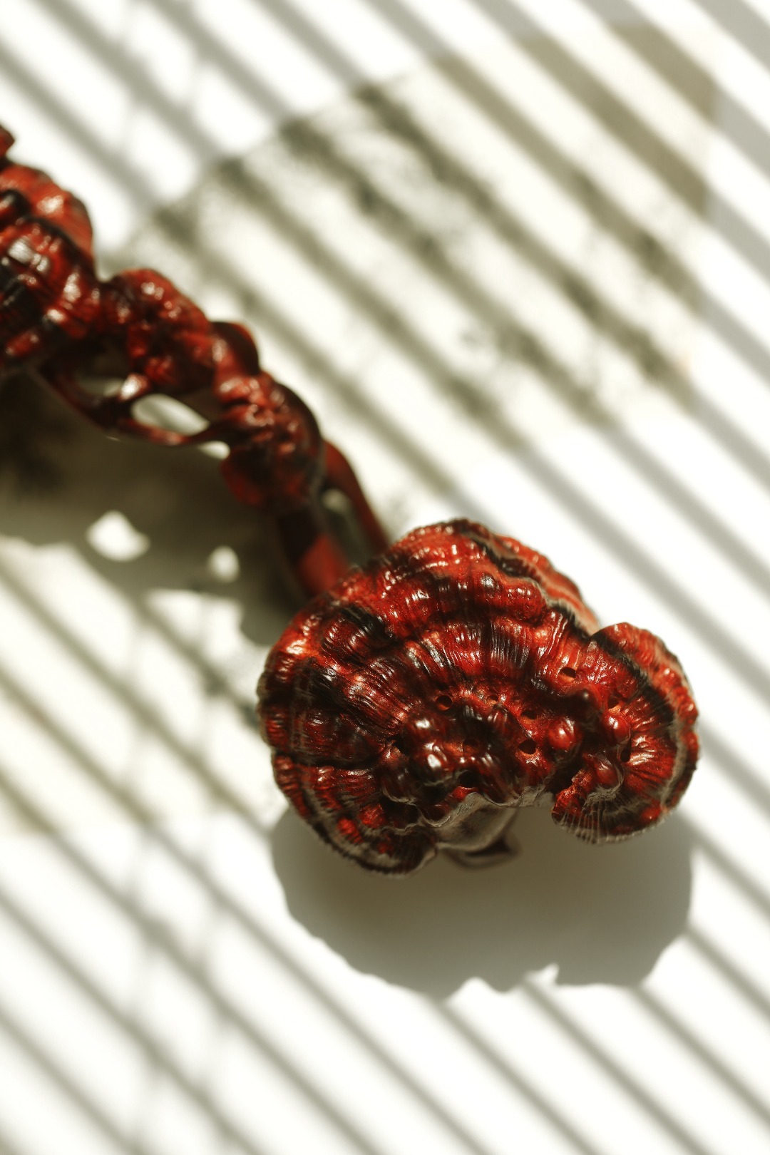 小叶紫檀 | 灵芝如意紫檀雕琢而成，柄首呈灵芝状，雕刻纹理如流水似流云，细腻精致