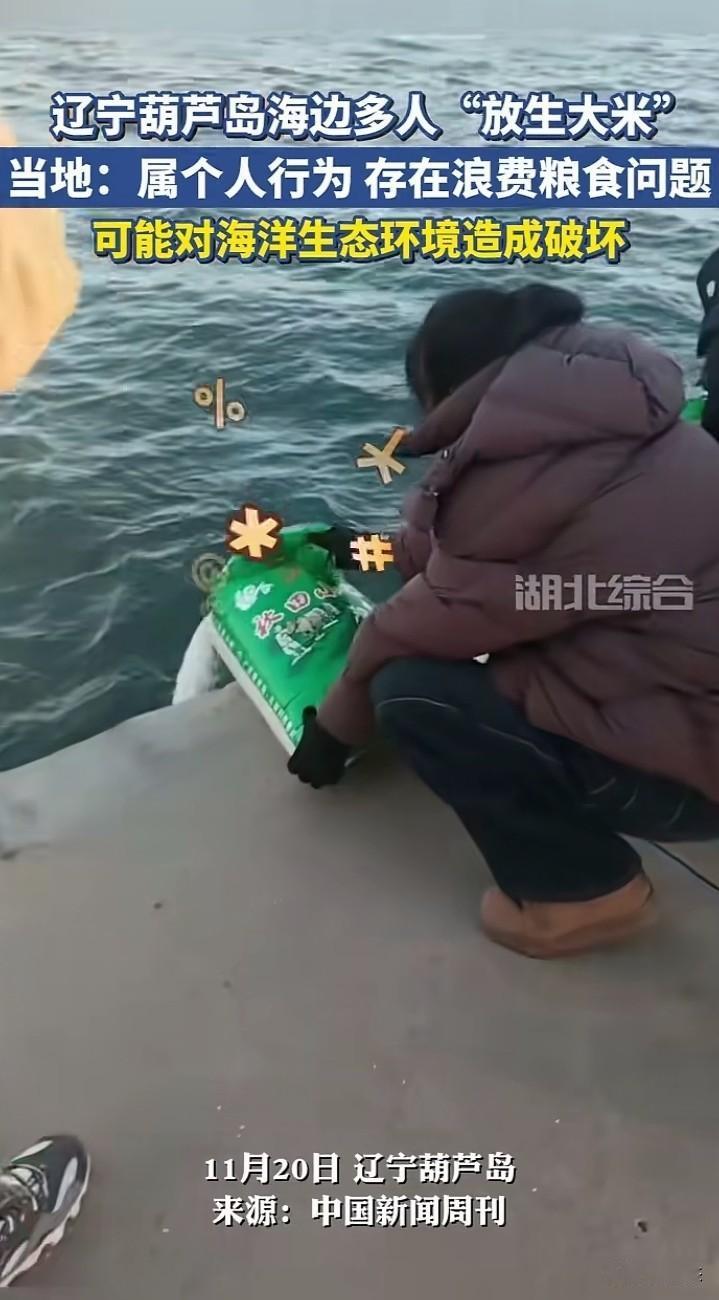 不敢相信，辽宁葫芦岛海边，有媒体报道多人把袋装的大米导入海里面，放生大米。不知道