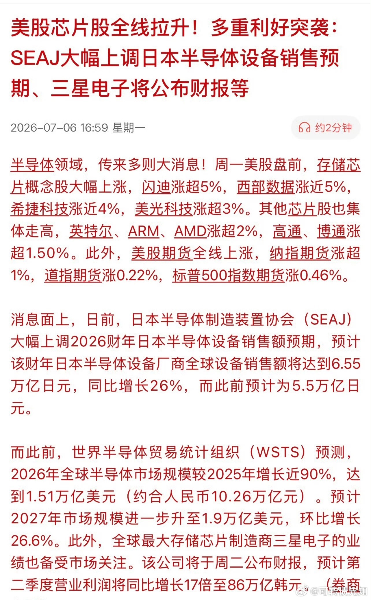 美股芯片股全线拉升！多重利好突袭：SEAJ大幅上调日本半导体设备销售预期、三星电