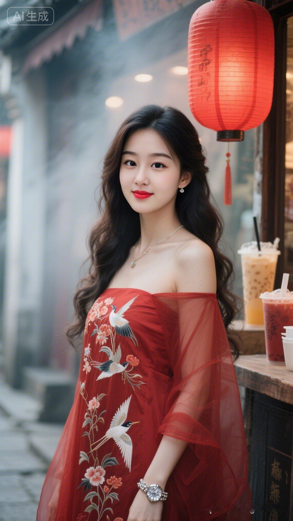 红衣少女与古风茶馆的浪漫邂逅