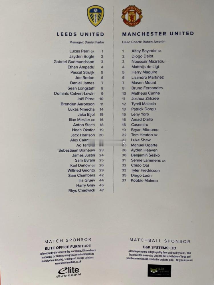 曼联对阵利兹联比赛日名单：B费、马奎尔、梅努、齐尔克泽在列 1月4日讯 北京时间