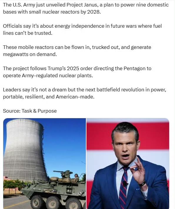 美军计划在2028年前在9个美国本土基地安装核反应堆，利用小型核反应堆为基地供能