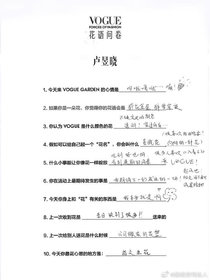 卢昱晓vogue花语问卷卢昱晓起花名叫昱晓花卢昱晓 VOGUE 问卷戳中萌点！花
