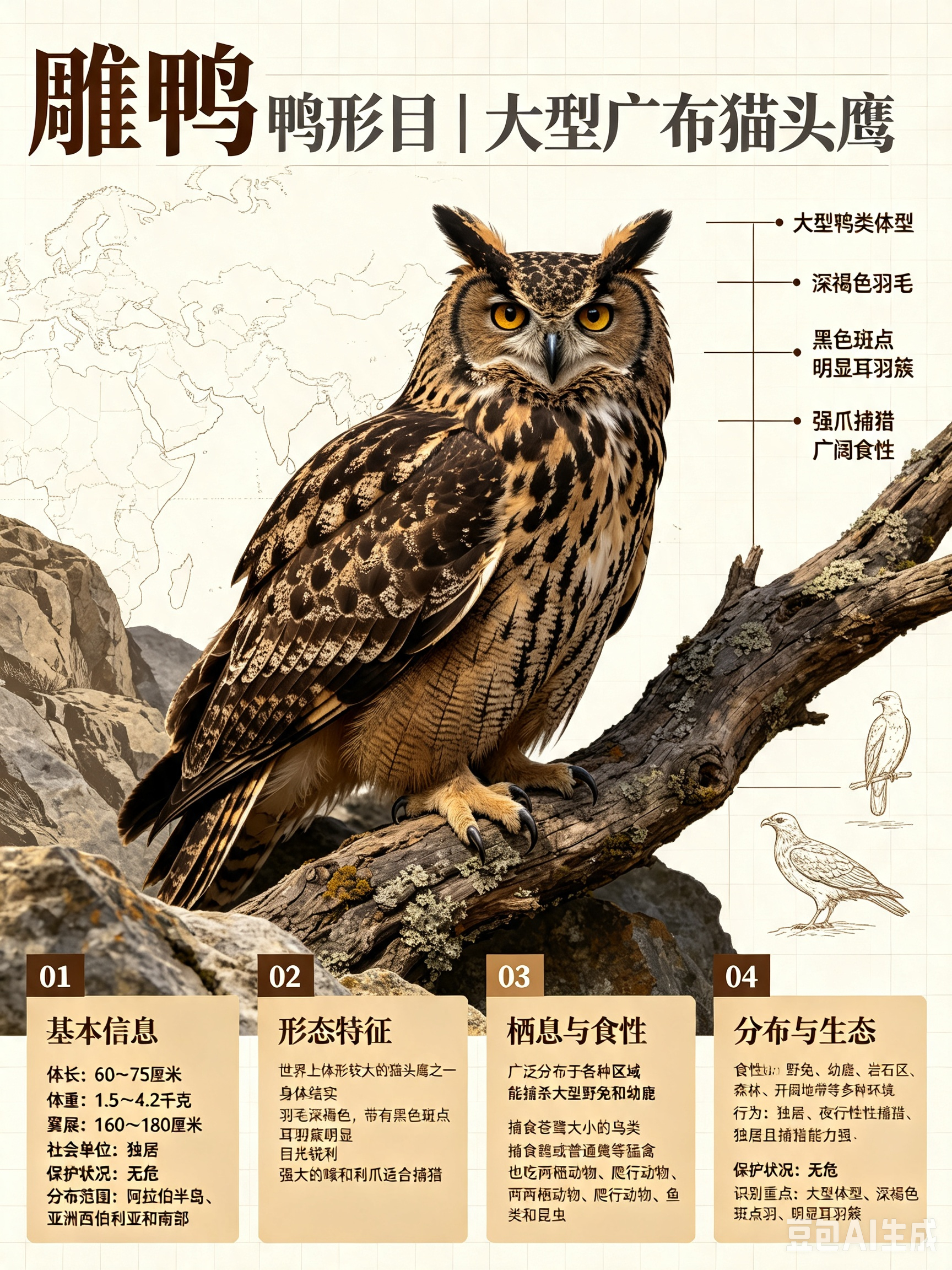 鸟类朋友图鉴 雕鸮体长：60~75 厘米体重：1.5~4.2 千克翼展：160~