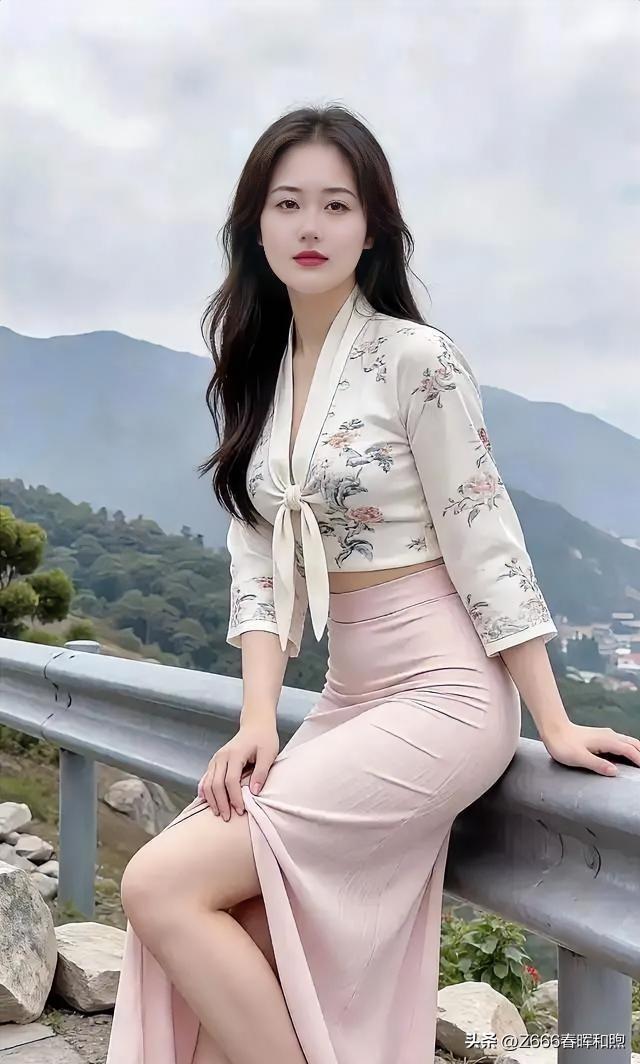 青山隐隐，云雾轻绕。她倚栏杆而立，白衣绣花，粉裙曳地，身姿曼妙。风拂长发，笑意温