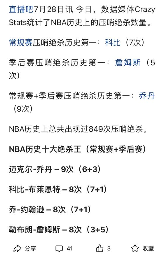 咋回事，媒体的绝杀统计次数和詹迷不一样？
什么叫绝杀他们真的懂吗？就是对手没有机