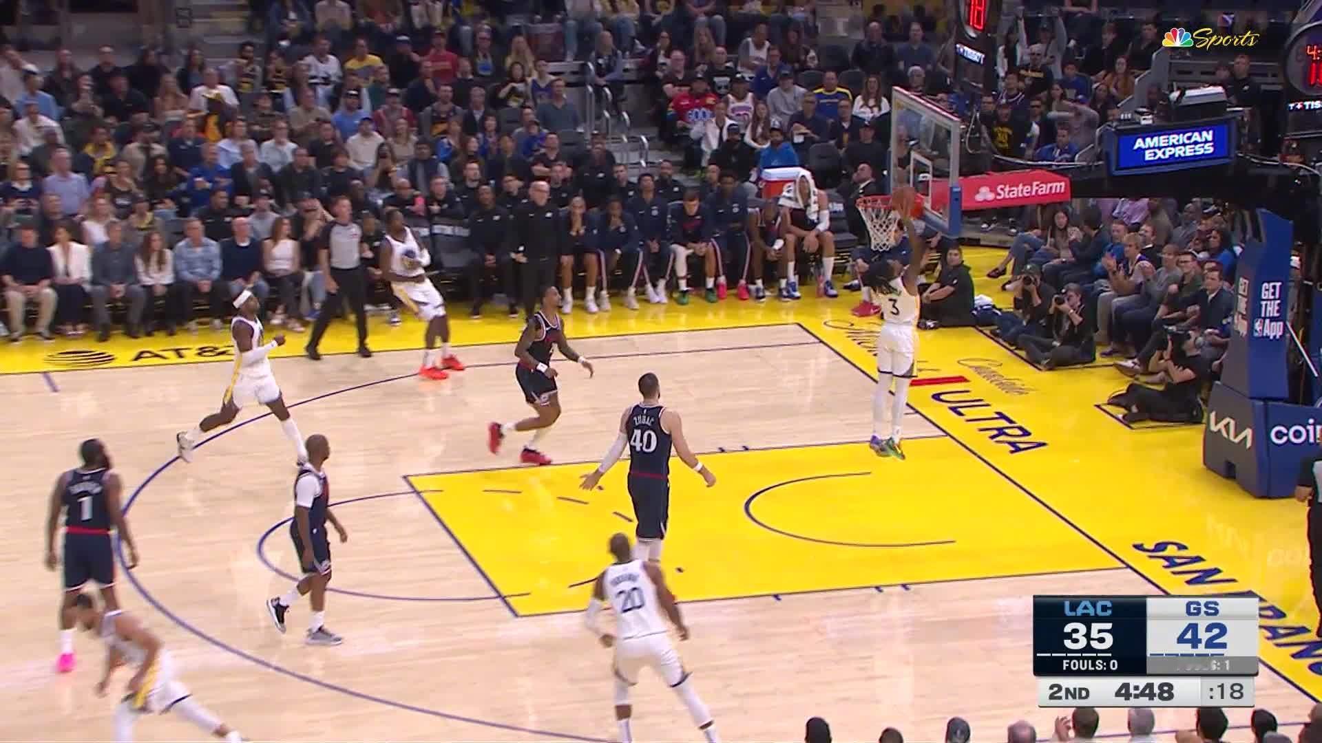 库里妙传理查德，后者两分打进🏀勇士44:35快船，再次打停对手。快船vs勇士 