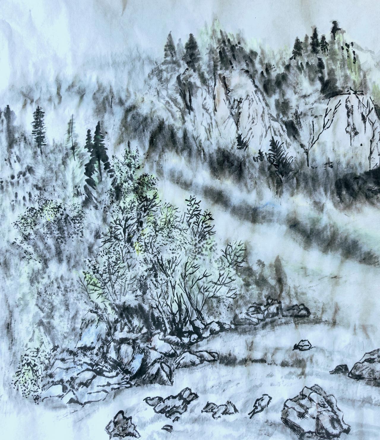 习作
墨色晕染千重山，留白处藏着云雾的悄悄话，山是凝固的诗，水是流动的画，想用笔
