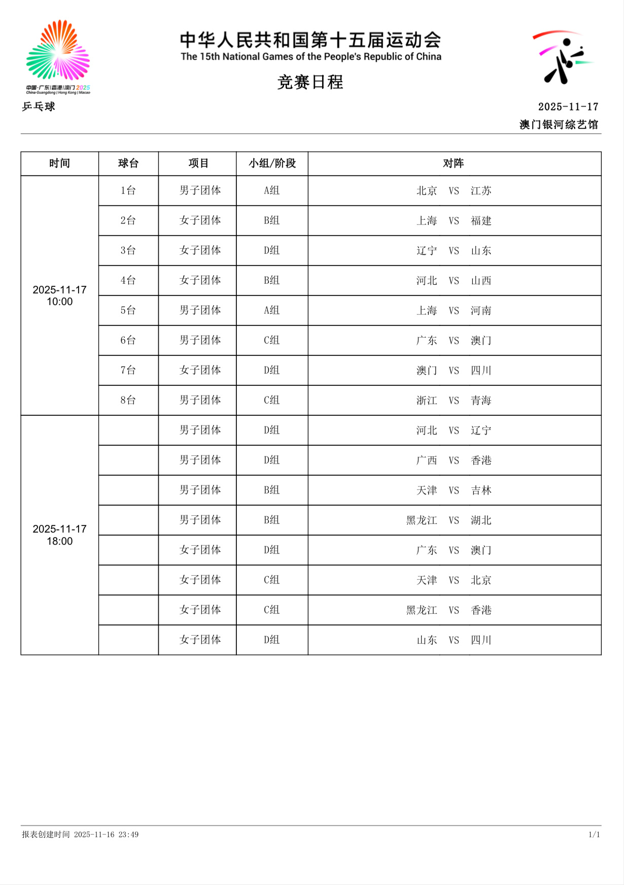 乒乓球项目11月17日赛程 