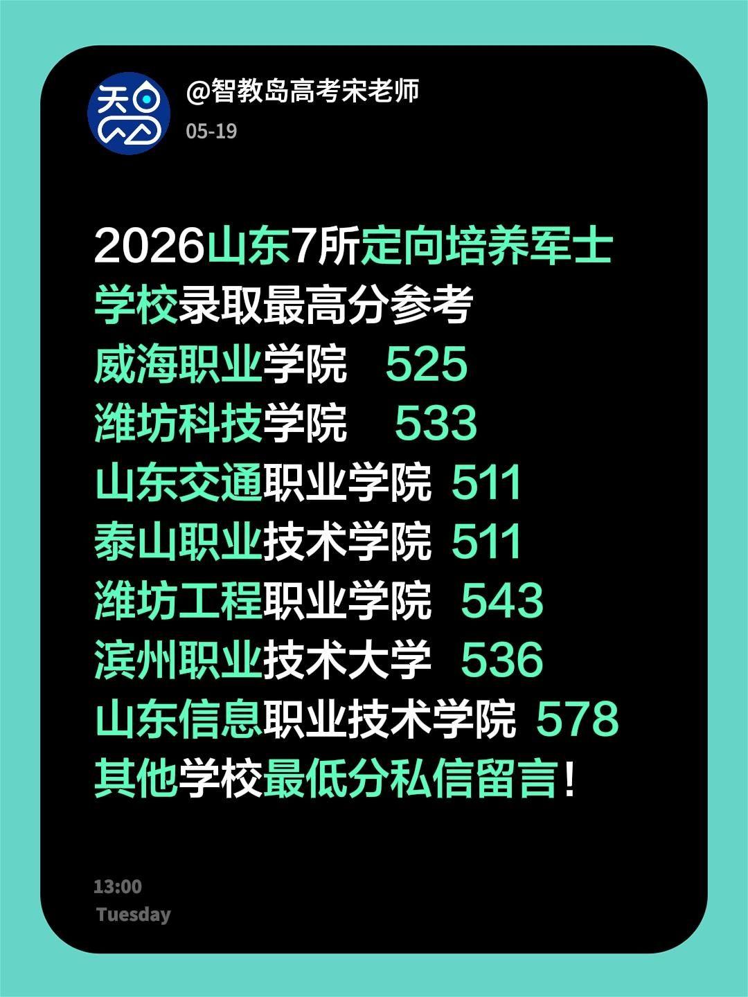 2026山东7所定向培养军士学校录取最高分参考
威海职业学院    525
潍坊