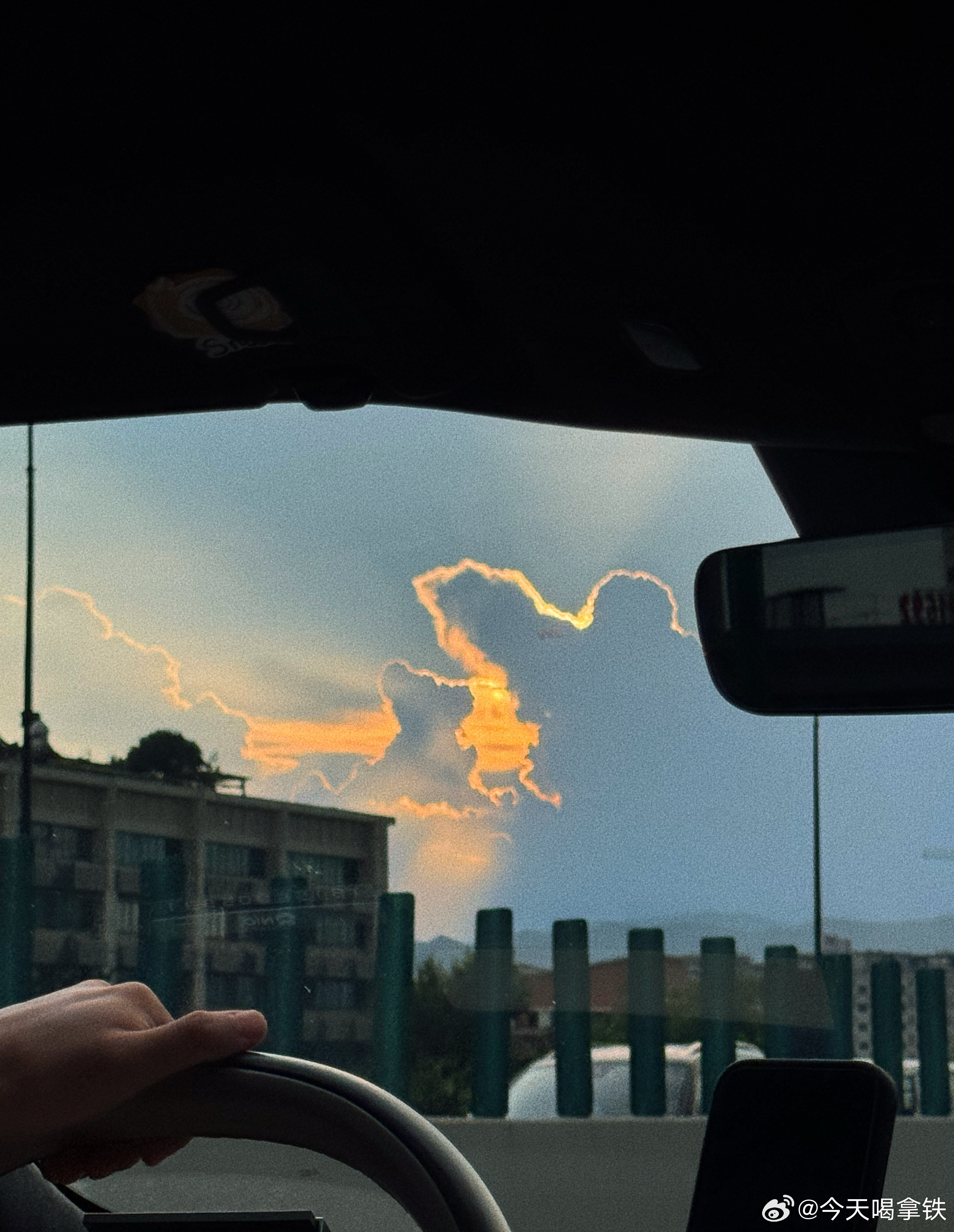 今天出差回家路上看到的美丽夕阳，虎姐夫开车，咕噜在我旁边听故事。感觉是一只可爱的