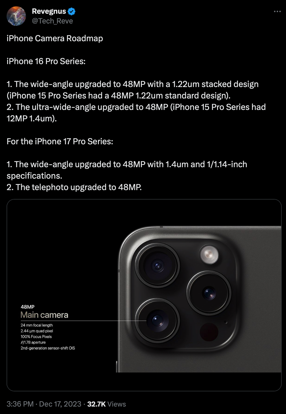 消息称苹果 iPhone 16 Pro 手机主摄采用堆叠式传感器，超广角升级至 