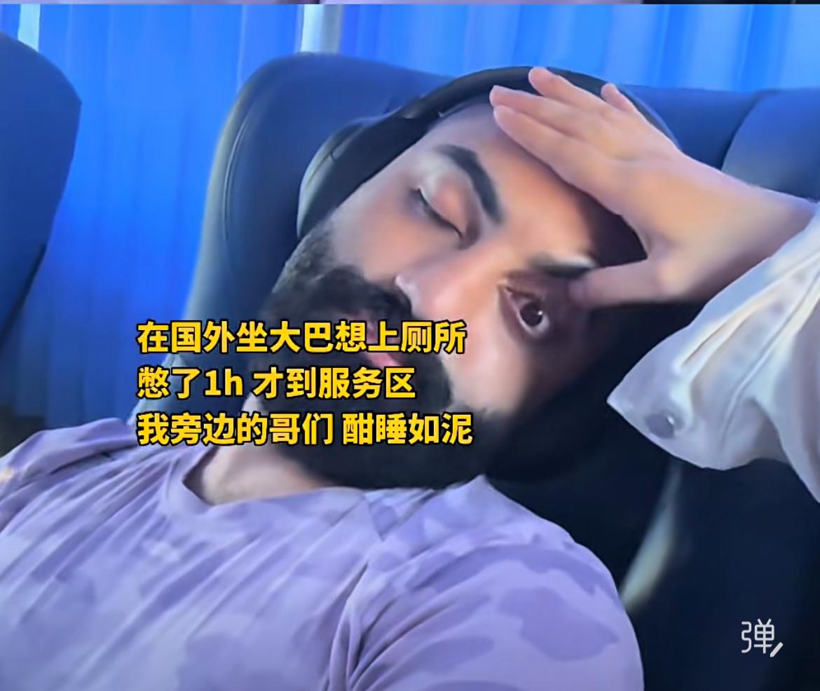 中国网友在国外坐大巴，想上厕所结果旁边的老外睡晕过去了，网友一直摇晃他，但是他一