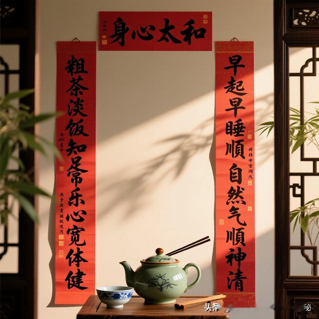 下联：早起早睡顺应自然气顺神清
横批：身心太和
上联云“粗茶淡饭知足常乐心宽体健