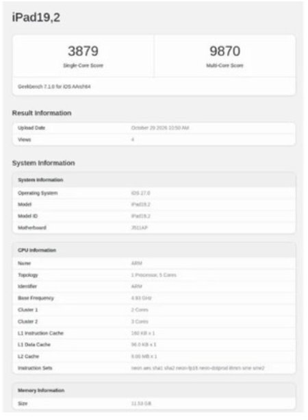 iPadmini2026跑分记录曝光【iPadmini2026跑分曝光 单核性能