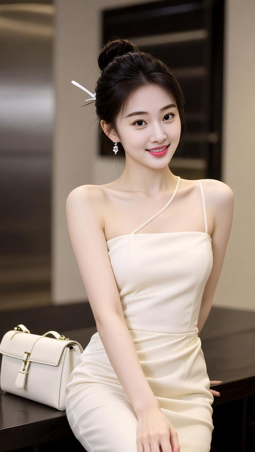 AI单肩优雅照 抖音ai创作 高级感礼服裙推荐 纯白色神仙裙子