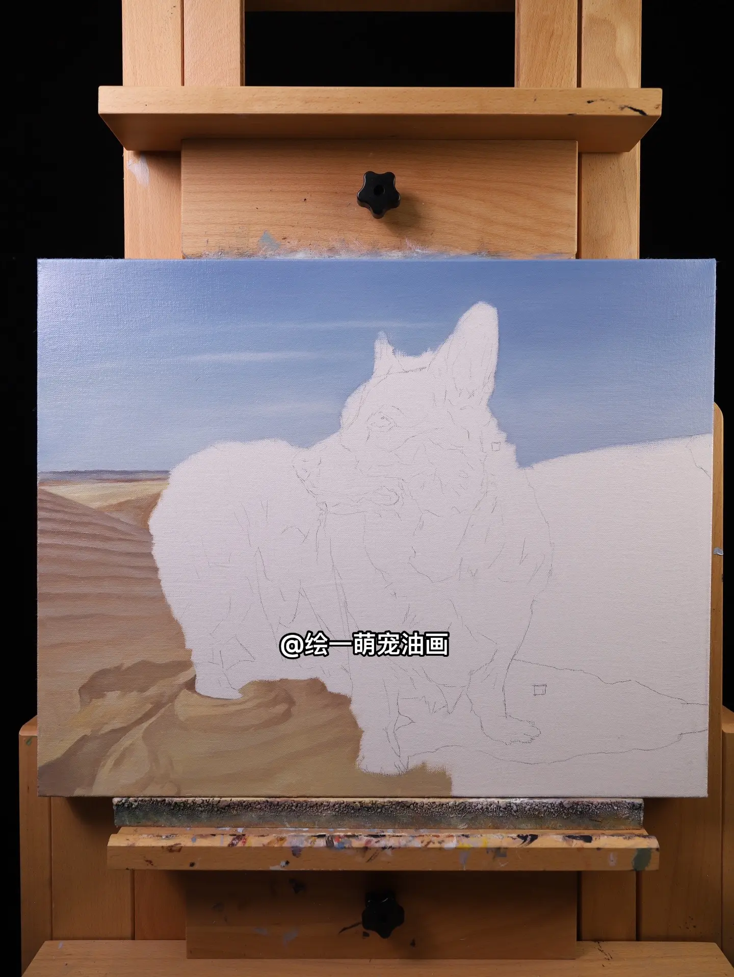 “嘟比”的绘制过程图。柯基犬“嘟比”
作品尺寸：40x50cm
油画颜料