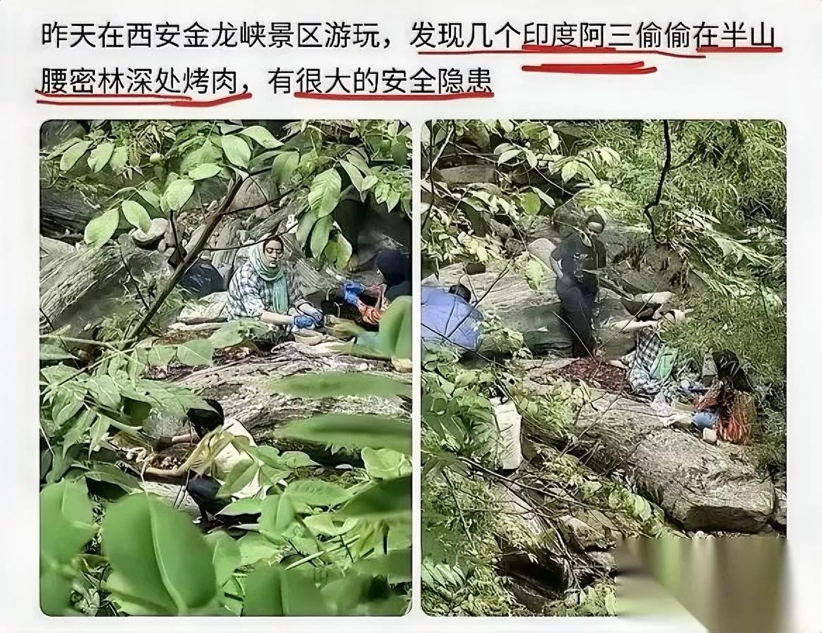 太嚣张了！

这几个人疯了？

居然躲在西安金龙峡的深山密林里偷摸生明火烤肉。
