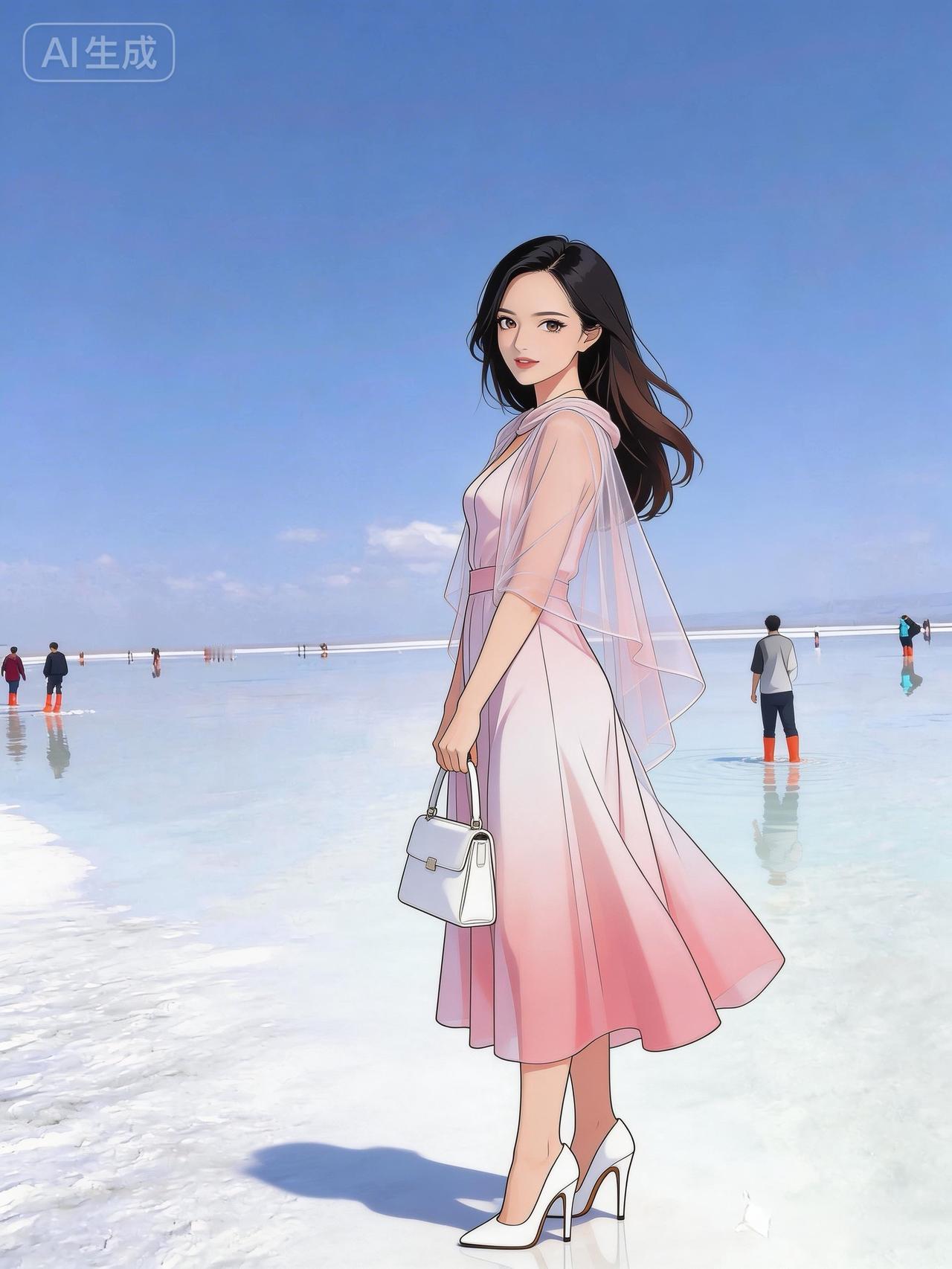 梦幻盐湖漫步，粉裙飘飘，尽享快乐！🌞👗🏖️