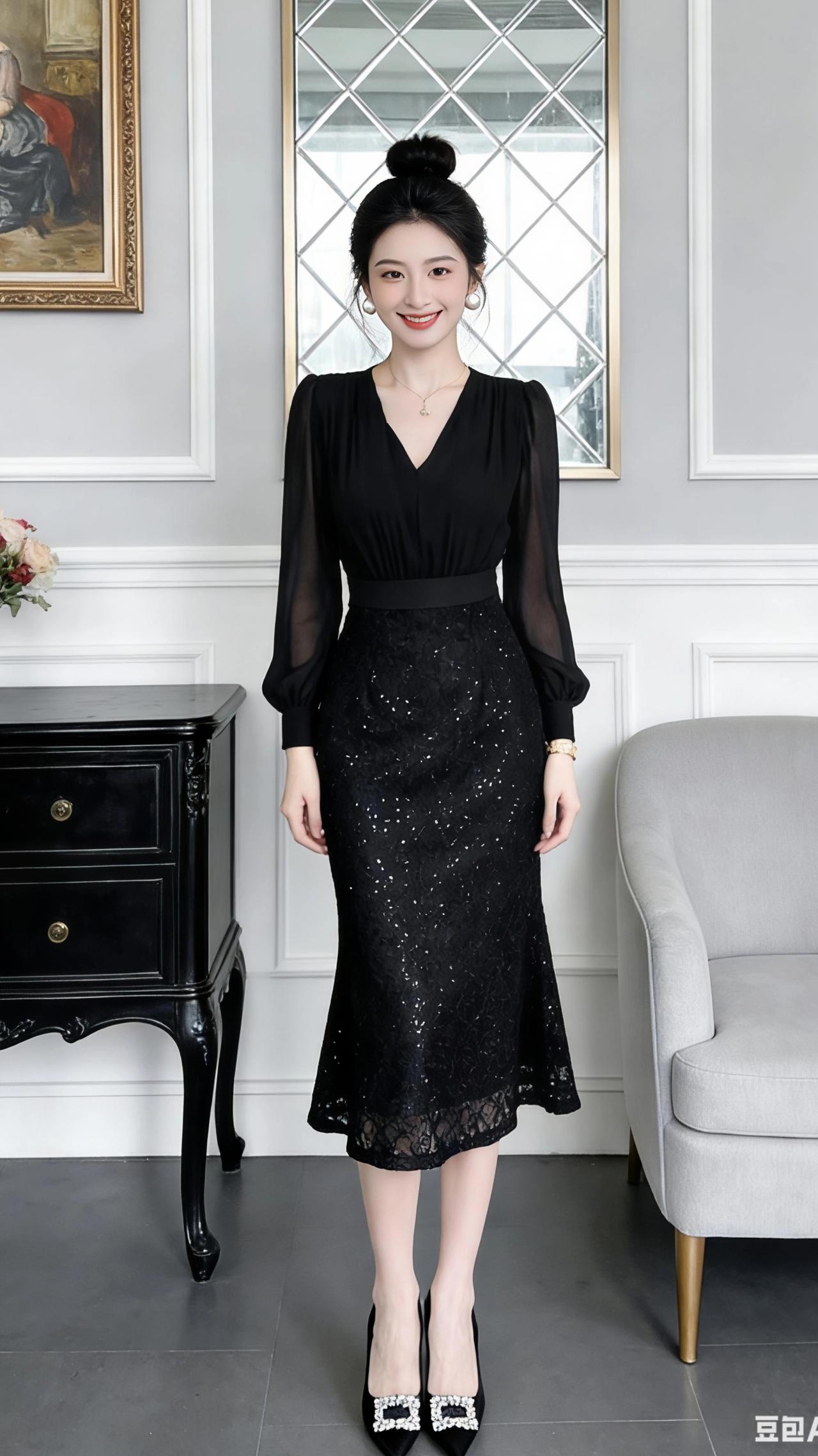 黑裙序章
 
在浅灰墙面与鎏金镜框勾勒的空间里，她是一袭流动的夜色。
 
V领收