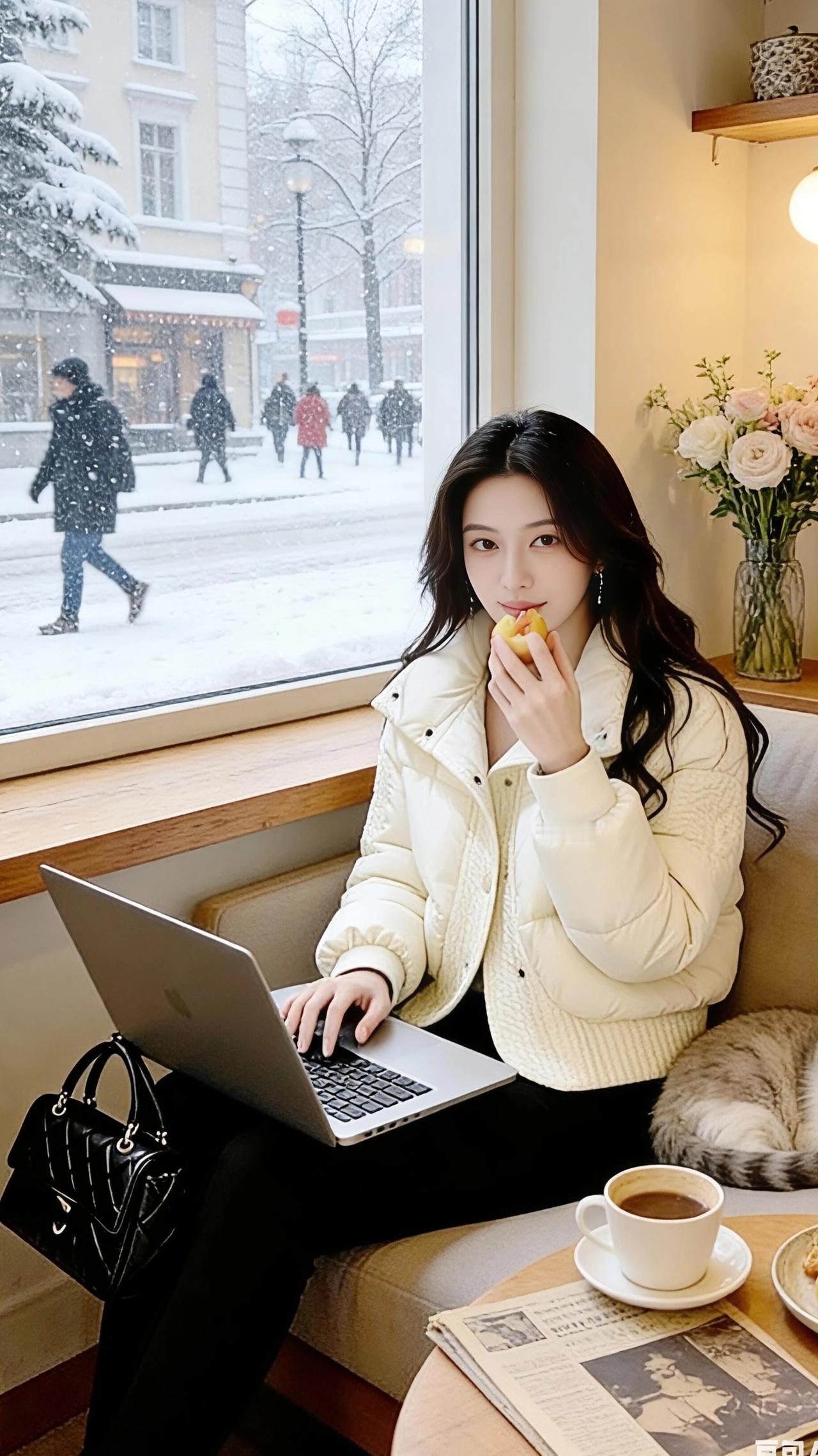 《雪窗暖室》
 
冬雪把街景揉成蓬松的白，落进咖啡馆窗沿时，恰好撞进室内暖黄的光