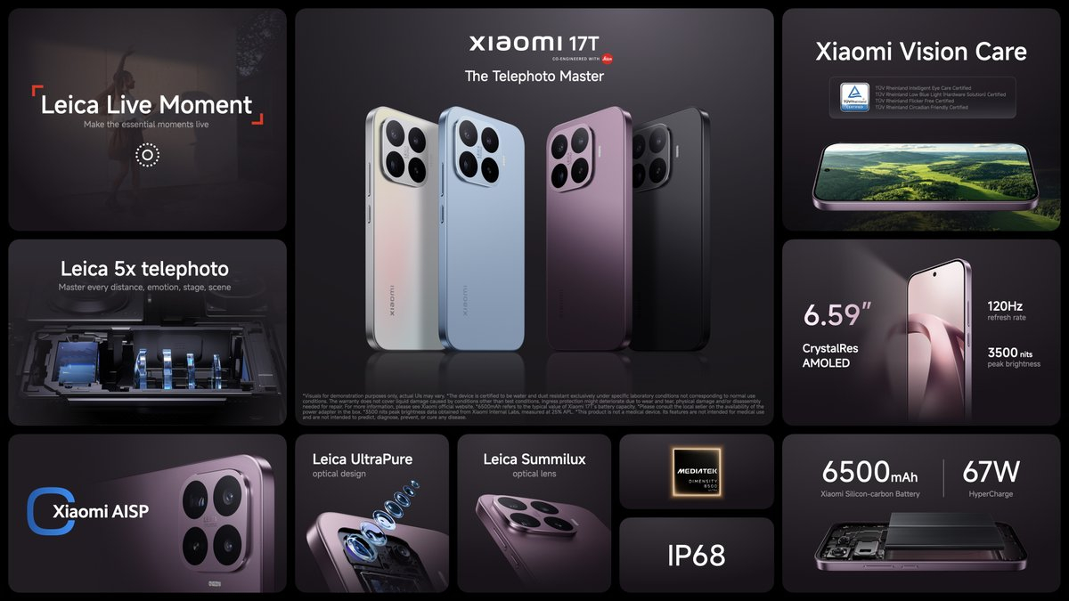 卢伟冰宣布小米17T系列国内即将发布 小米17T Pro：6.83英寸144Hz