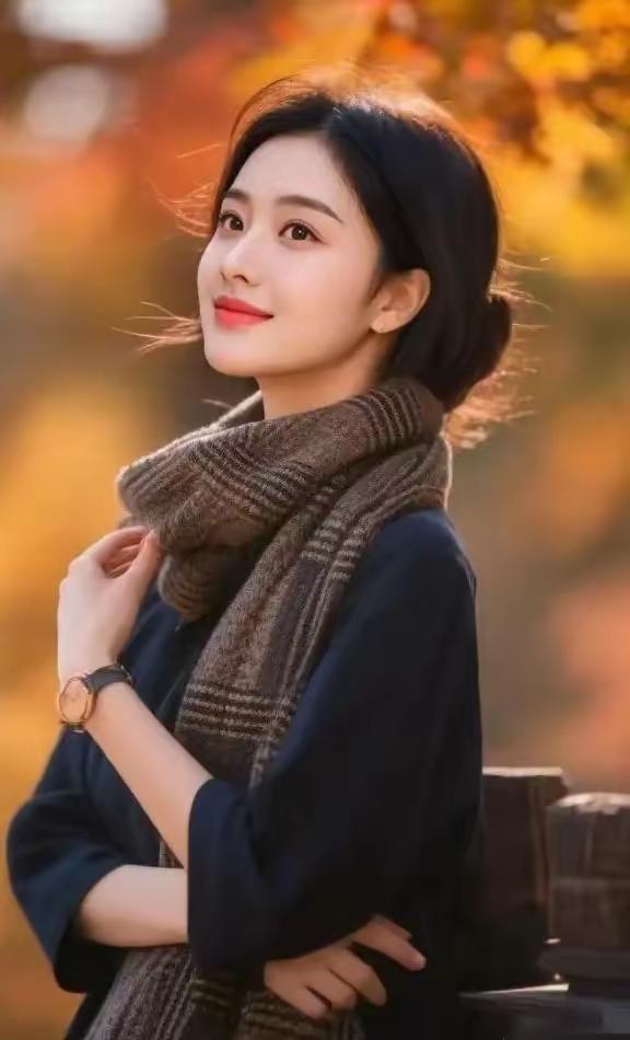 秋日暖阳下的温柔微笑，暖心围巾搭配，尽显优雅与温暖。