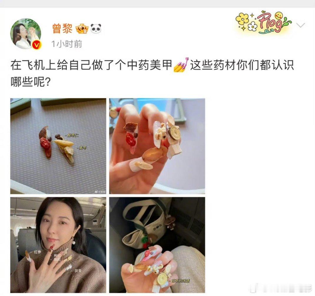 曾黎飞机上做了个中药美甲 好家伙！曾黎这个美甲看起来就健康 