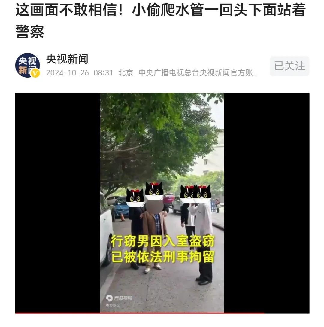小偷爬水管被警察劝导先回房内，安全第一！
        近日，四川自贡，民警抓